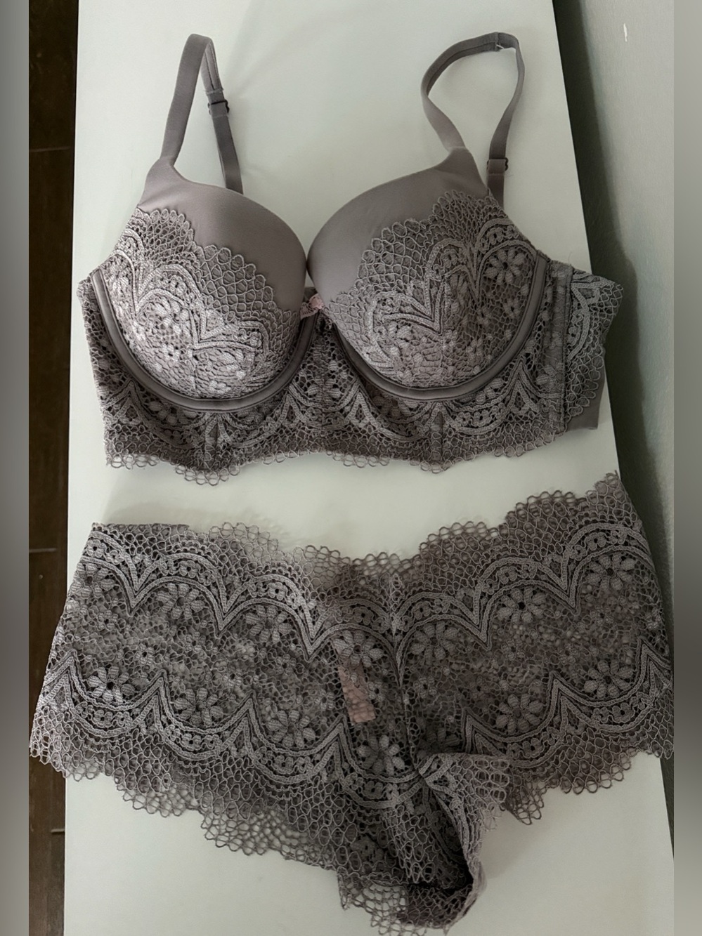 🔥Victoria's Secret Purple Grey Lace Floral Bra and Sexy Boyshort Panty Set 36C/M